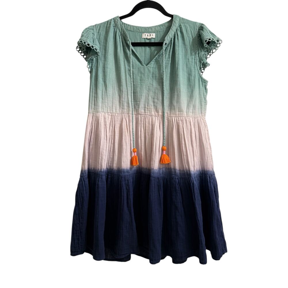 THML Green White Navy Ombre Midi Dress with Tassels